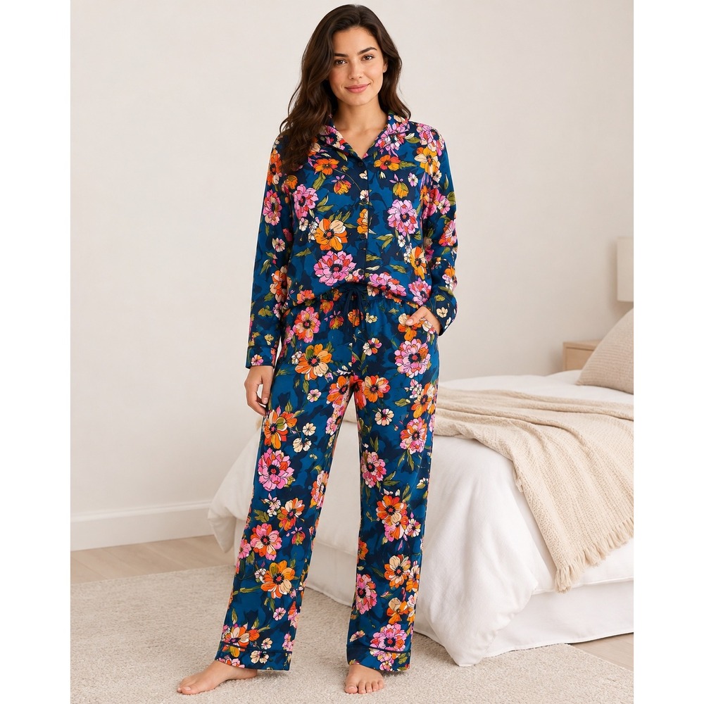 Room Service Womens Navy Floral Pajama Set Long Sleeve Button Down Small